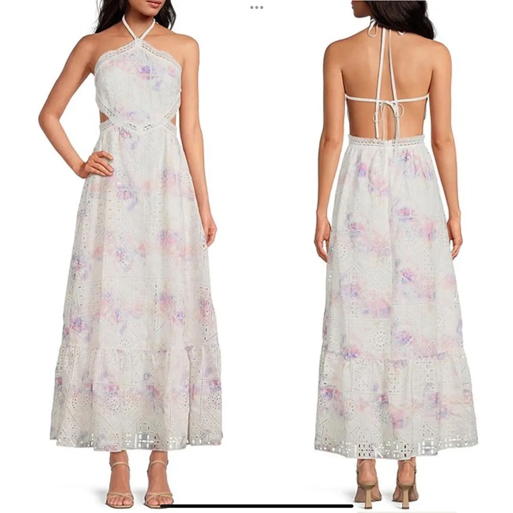 Gianni Bini White Eyelet Maxi Dress with Pastel Floral Wash NWT